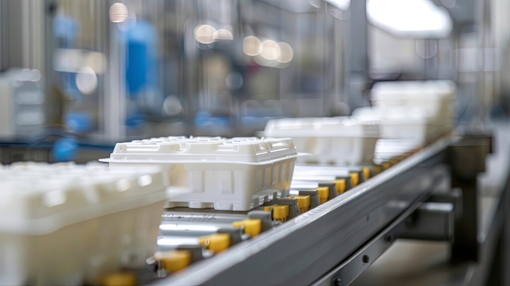 Plastic components on a conveyor belt after the molding process, inspected for any plastic molding defects.