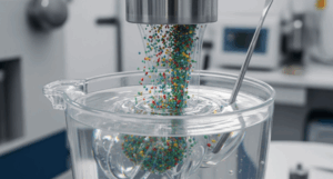 A close-up view of eco-friendly plastic additives being poured and mixed into a clear resin, showing swirling colors and textures as the substances combine.