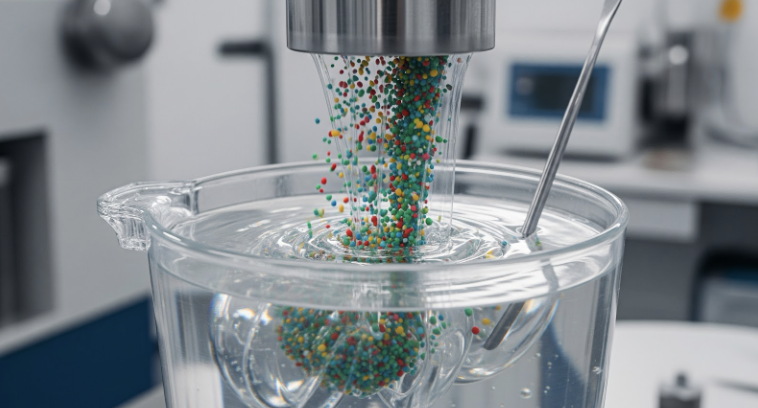 A close-up view of eco-friendly plastic additives being poured and mixed into a clear resin, showing swirling colors and textures as the substances combine.