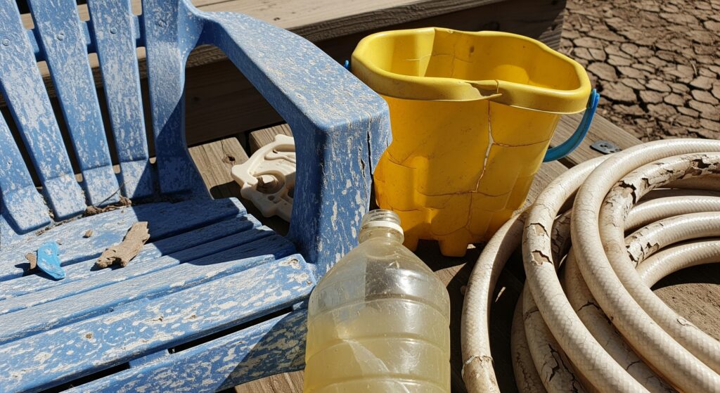 Plastic items without UV stabilizers in plastic additives look destroyed after sun exposure.